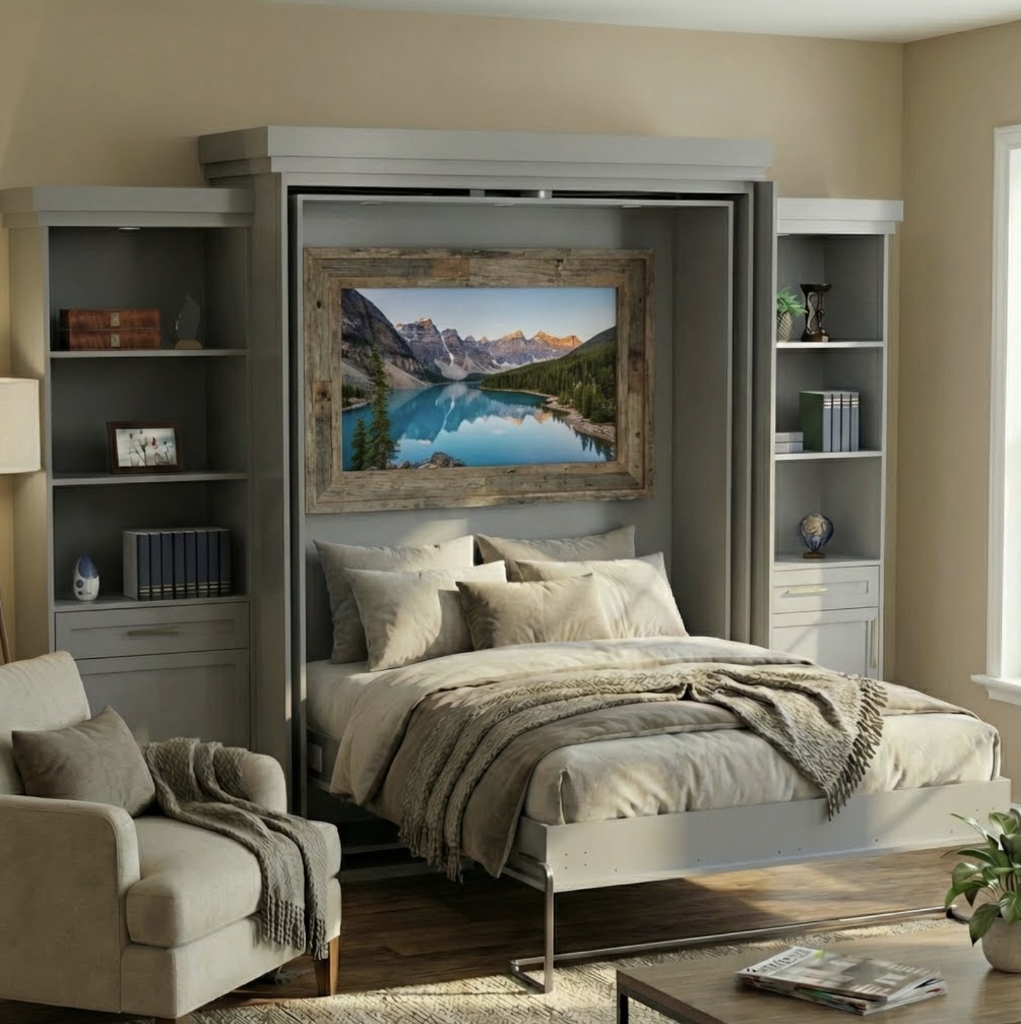 Rotating Murphy Bed Cabinet with Fireplace (Style 6)